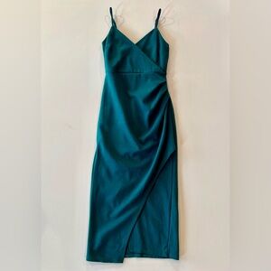 Lulu's Fitted Teal Emerald Green Mid Length Dress Straps Side Slit Extra Small